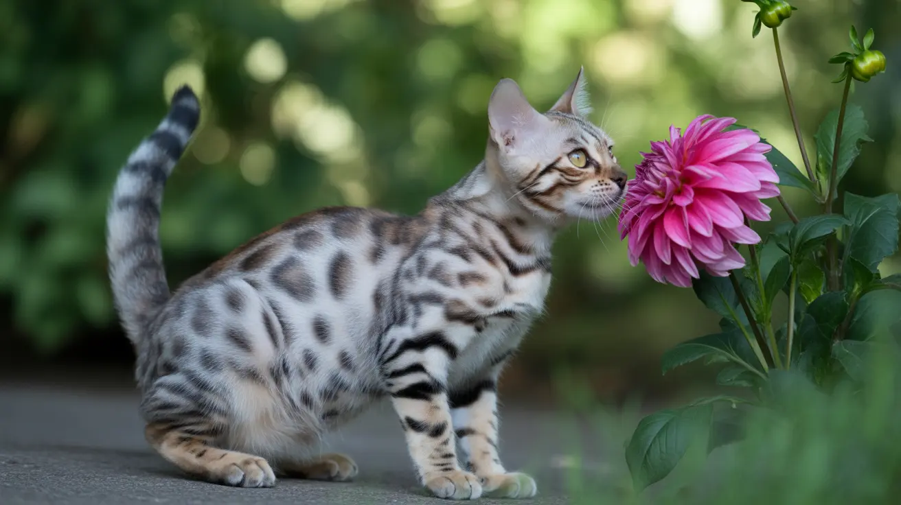 Un gato bengalí plateado y blanco oliendo curiosamente una flor dahlia rosa en un jardín.