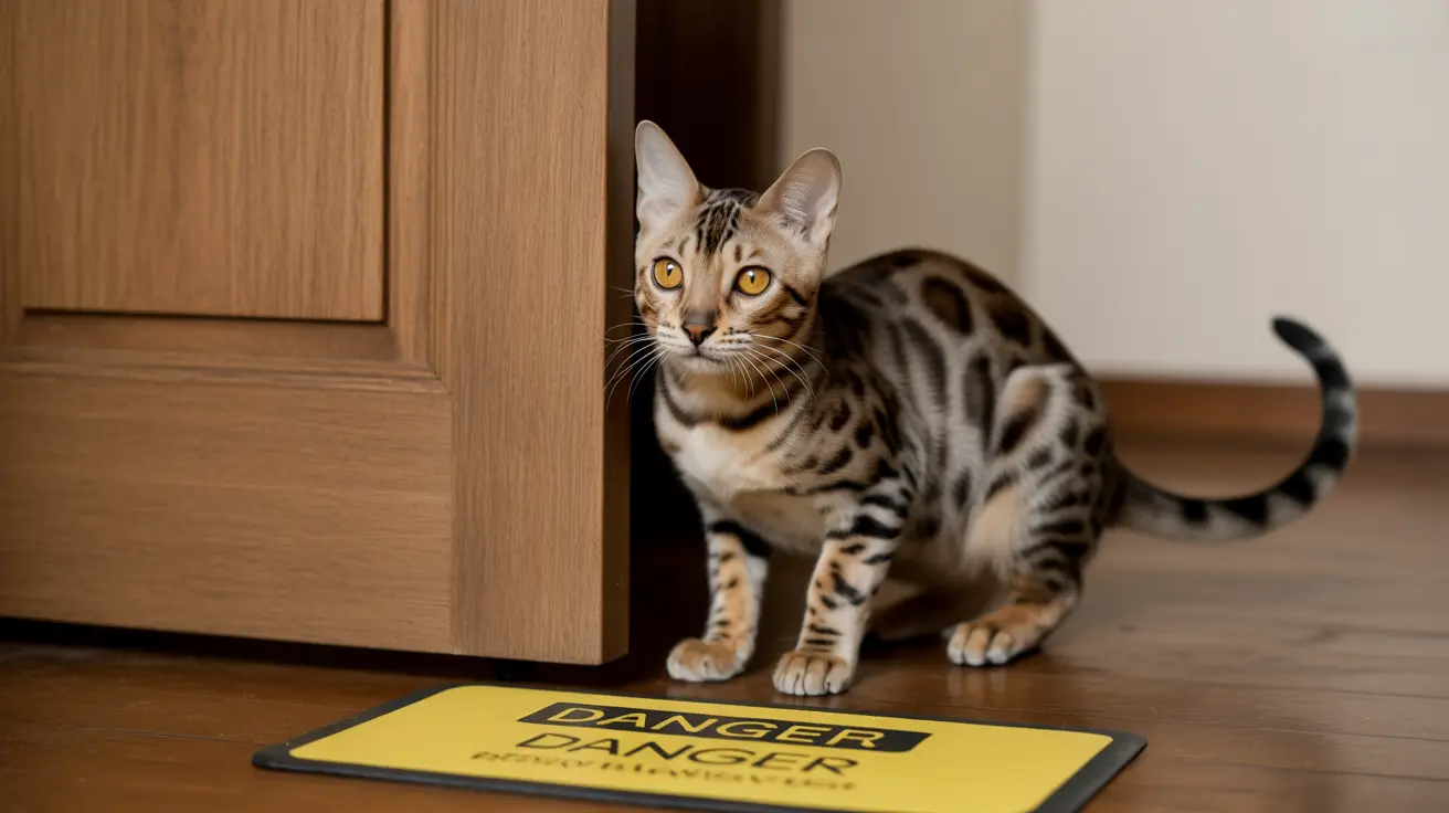 Un gato bengalí de pie junto a una puerta de madera con un letrero de advertencia amarillo que dice 'PELIGRO' debajo de sus patas.