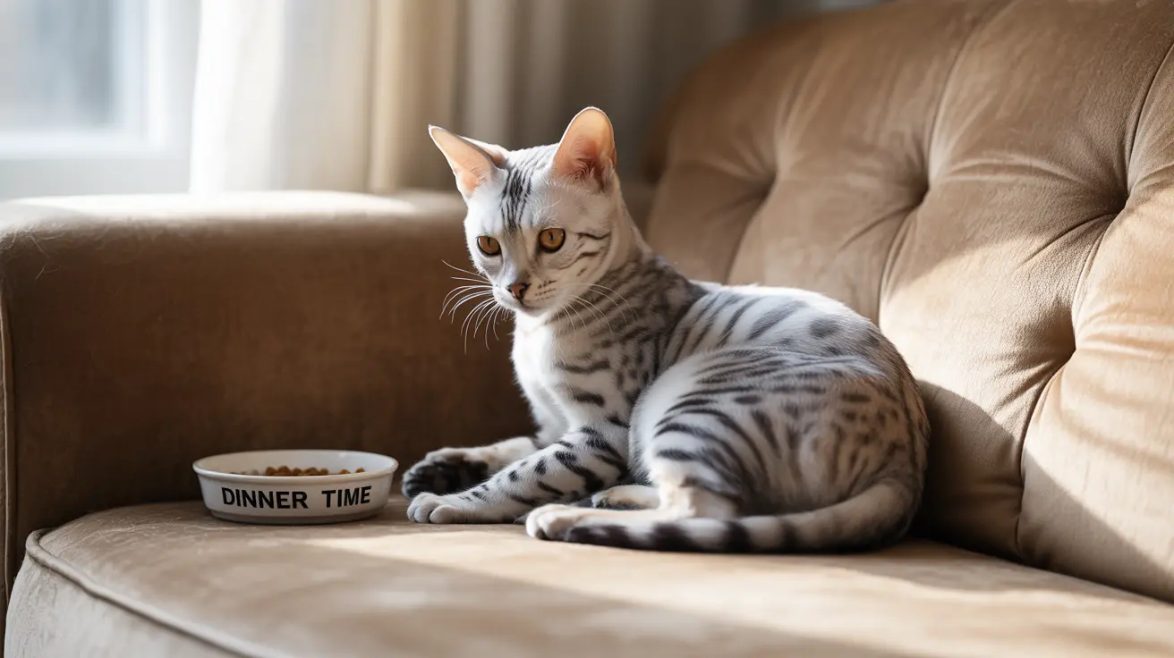 Un gato de Bengala plateado y blanco está sentado elegantemente en un sofá beige junto a un bol de comida que lleva la etiqueta 'HORA DE CENAR'.