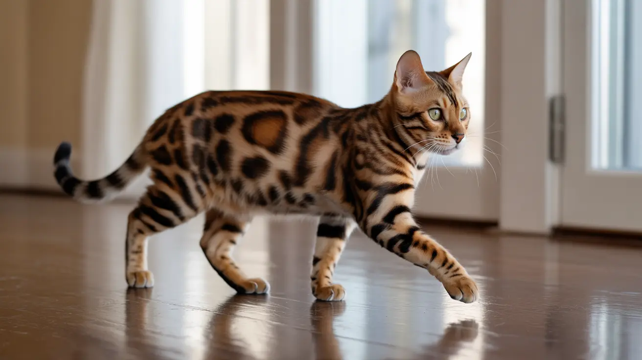 Un gato bengalí caminando con gracia por un suelo de madera pulida, mostrando su pelaje moteado similar al de un leopardo.