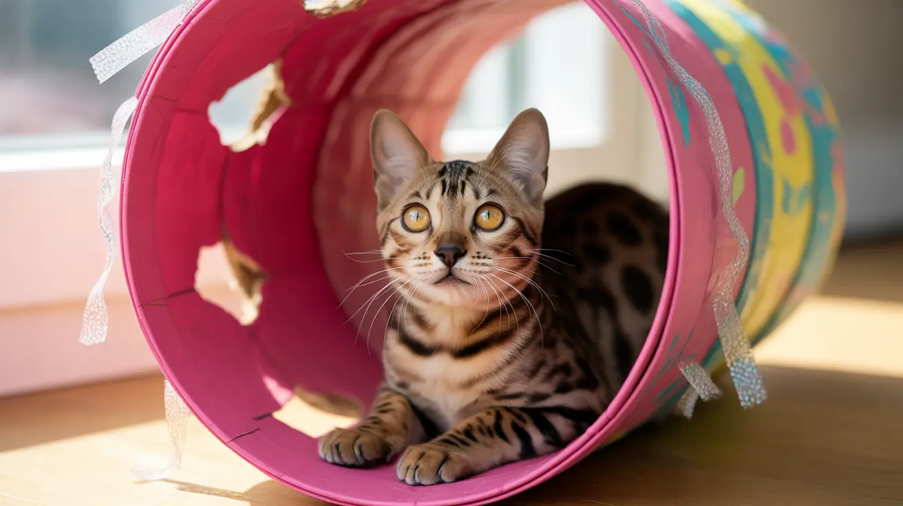 A Bengal cat sitting inside a pink and colorful play tunnel, looking alert and curious