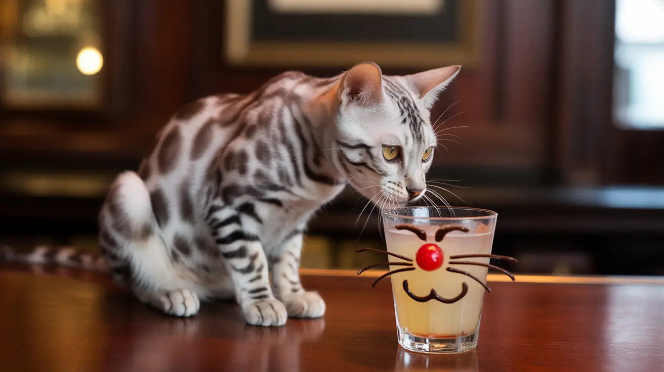 A Bengal cat drinking from a playfully decorated glass with a cat face design