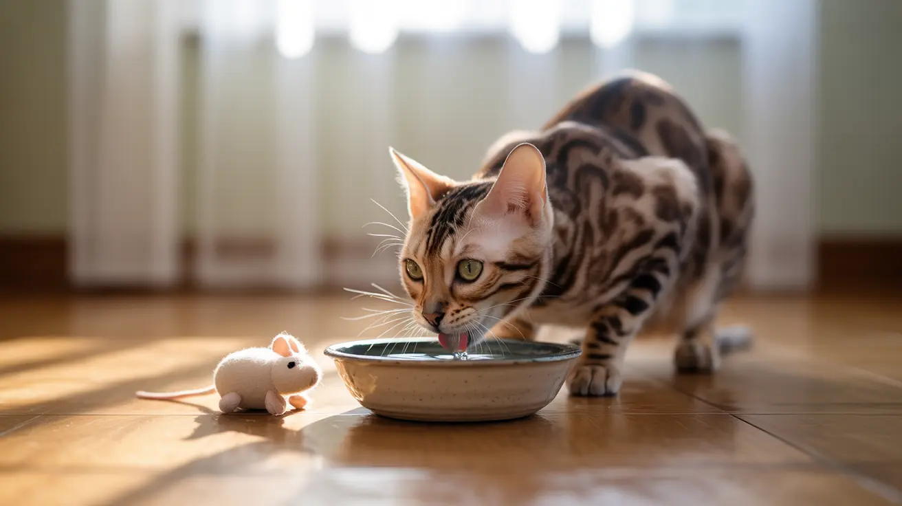 A Bengal cat drinking from a ceramic bowl on a wooden floor with a toy mouse nearby