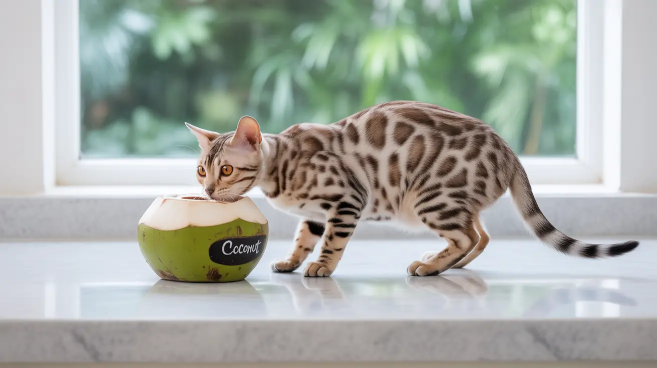 A Bengal cat drinking from a coconut near a window with greenery in the background