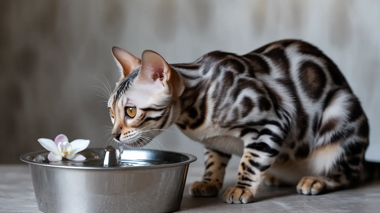 A Bengal cat drinking water from a shiny metal bowl with an orchid flower nearby