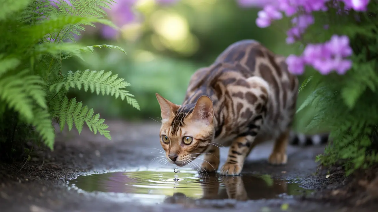 A Bengal cat drinking water from a small puddle surrounded by lush green ferns and purple flowers