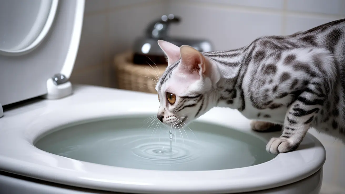 A silver and white Bengal cat drinking water from a bathroom sink