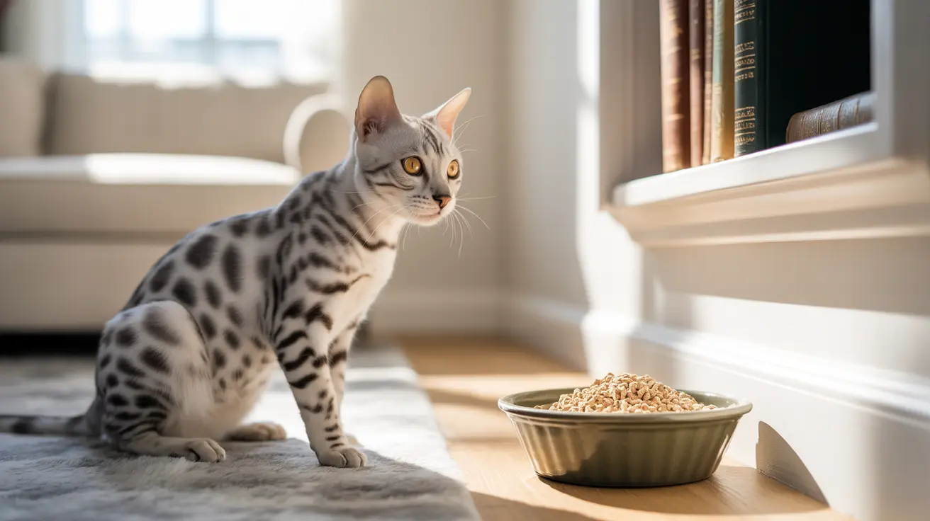 A silver and black spotted Bengal cat sitting alertly near a bowl of dry cat food in a bright, modern interior setting