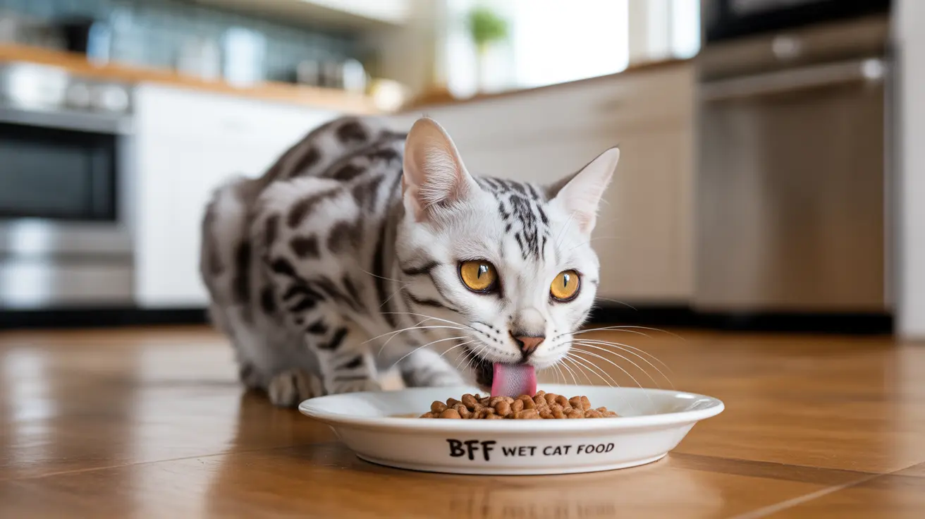 Silver and white Bengal cat eating from a BFF Wet Cat Food dish in a modern kitchen
