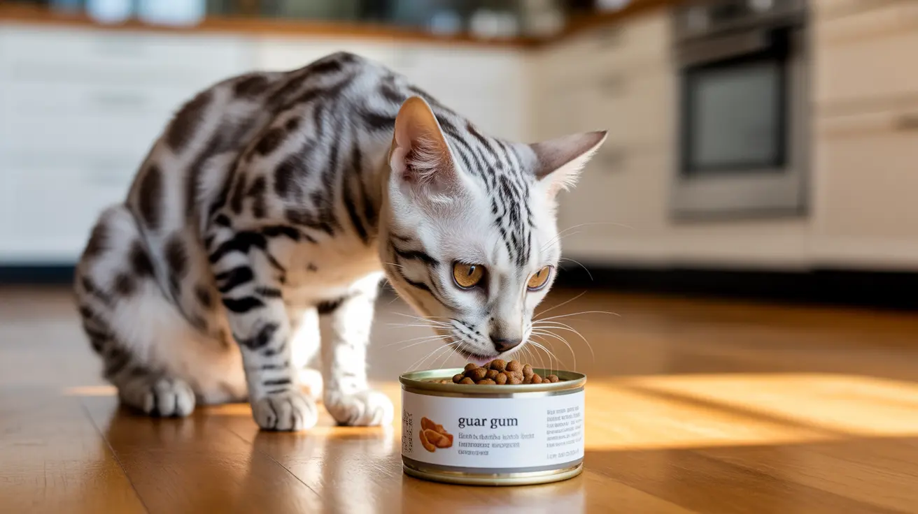 Un gato bengalí de pelaje plateado y negro come de una lata de comida para gatos en una cocina.