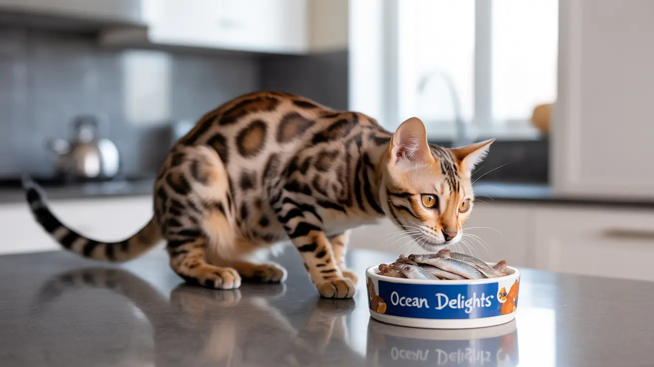 A Bengal cat with leopard-like spots eating fish from an Ocean Delights cat food bowl in a modern kitchen