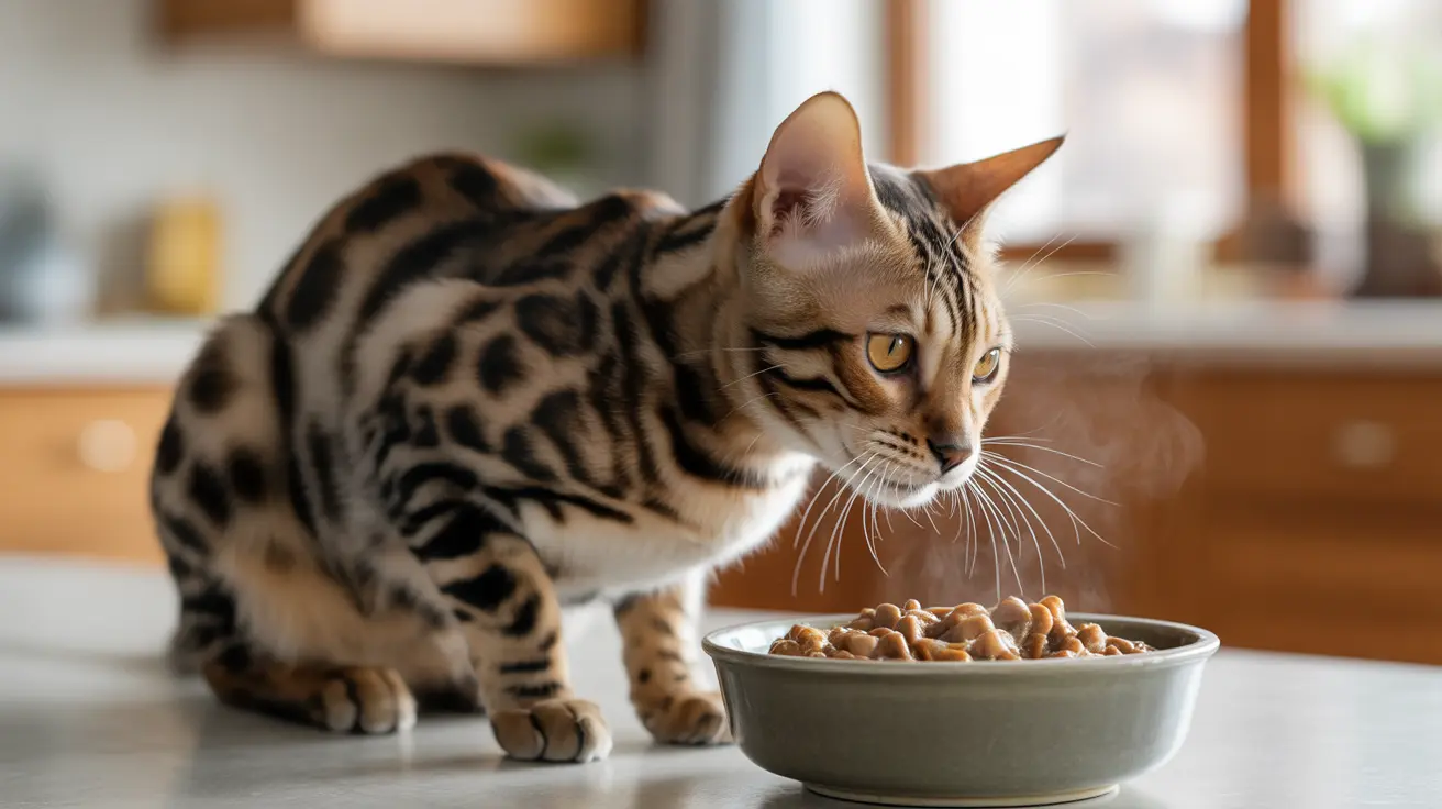 Bengal cat with spotted markings eating from a food bowl in a bright modern kitchen