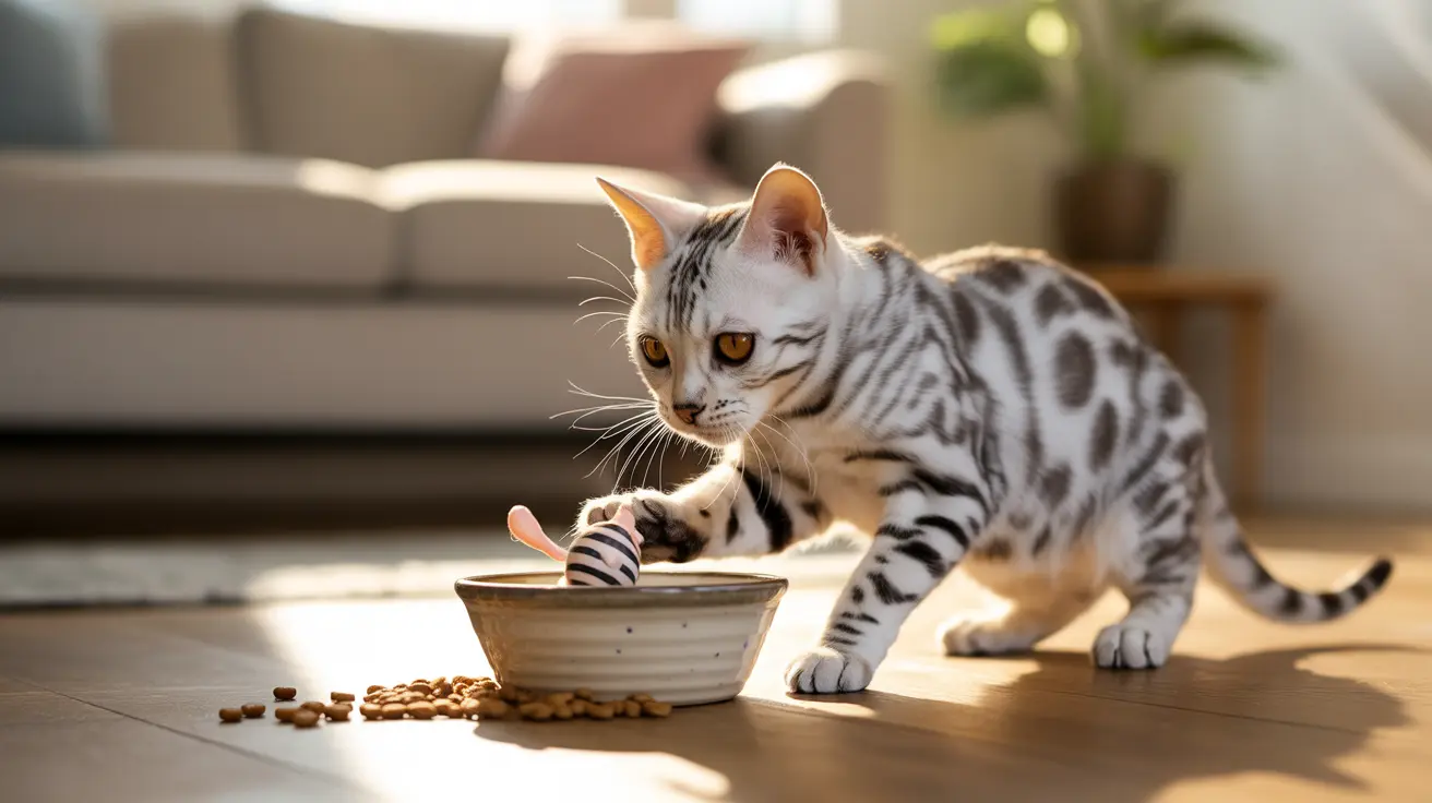 A silver and white Bengal cat eating from a ceramic bowl with scattered cat food on a sunlit wooden floor