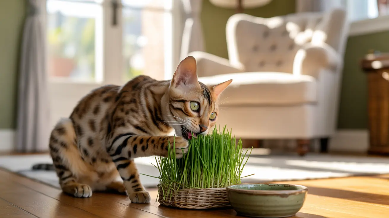 A Bengal cat eating grass from a small basket in a sunlit living room