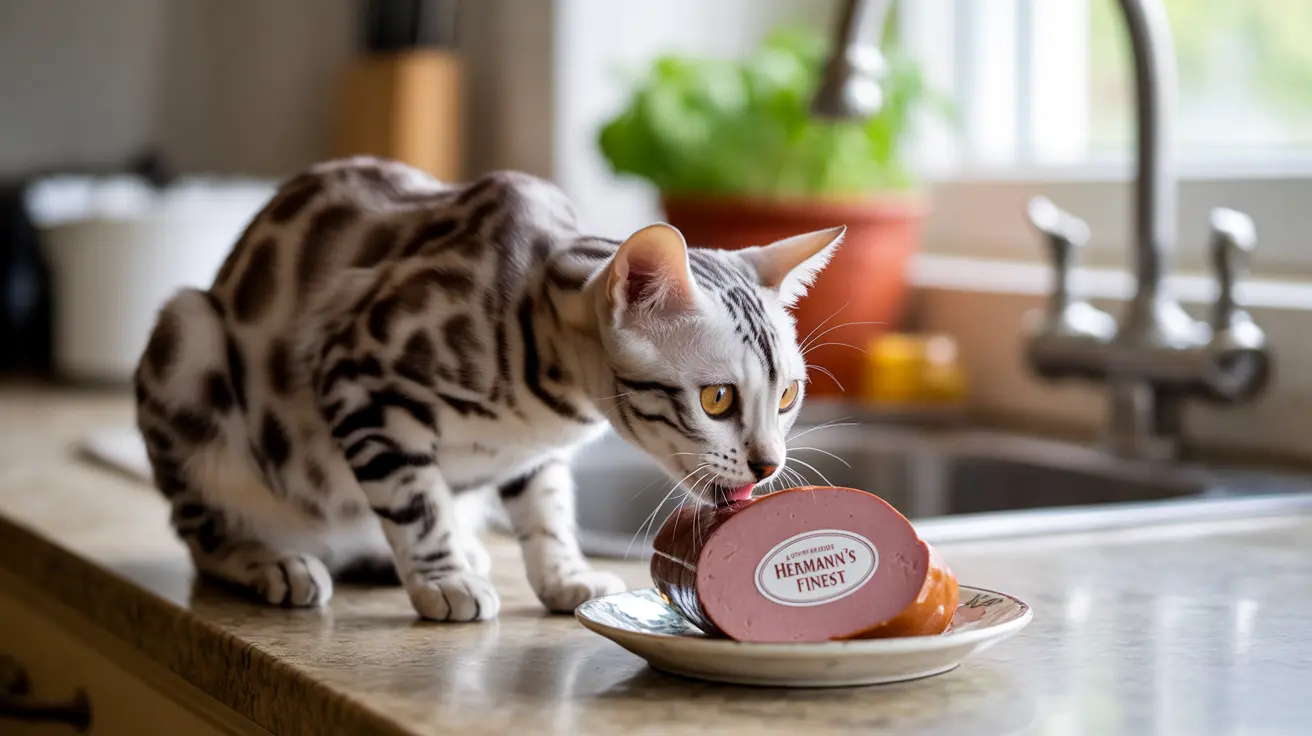 A Bengal cat licking a slice of meat from Hermann's Finest brand