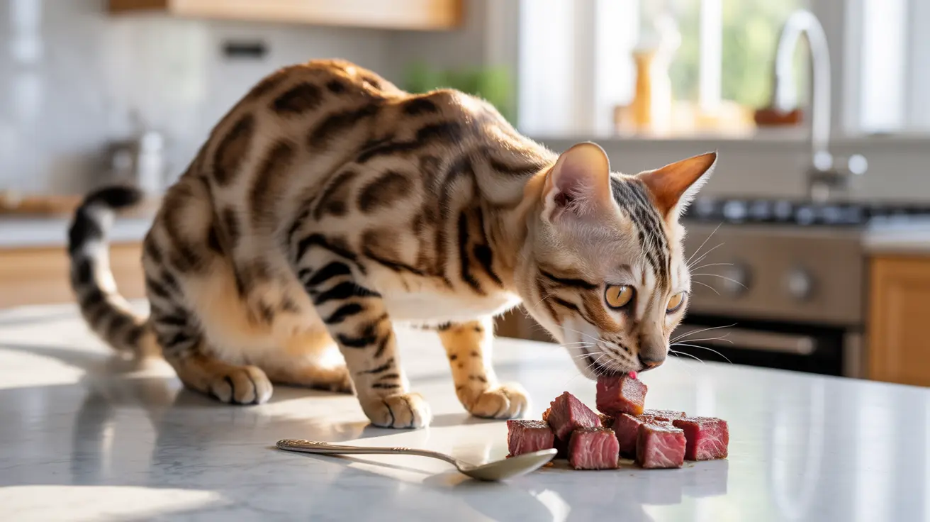 A Bengal cat eating raw meat cubes on a kitchen countertop