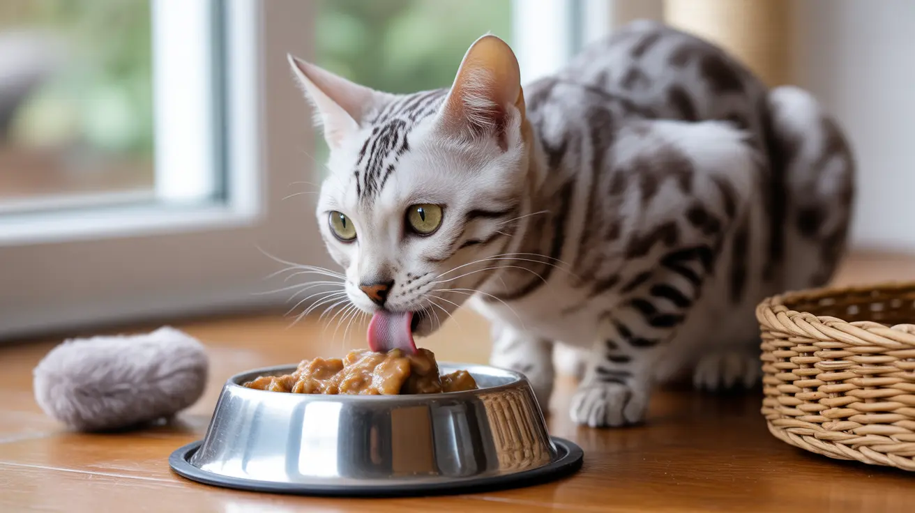 A silver and white Bengal cat eating wet food from a metal bowl near a window