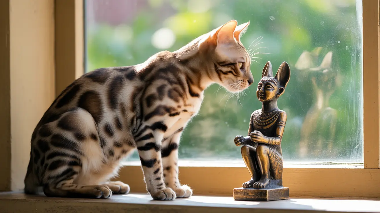 A Bengal cat sitting on a windowsill next to an Egyptian-style statue, looking intently at the figurine