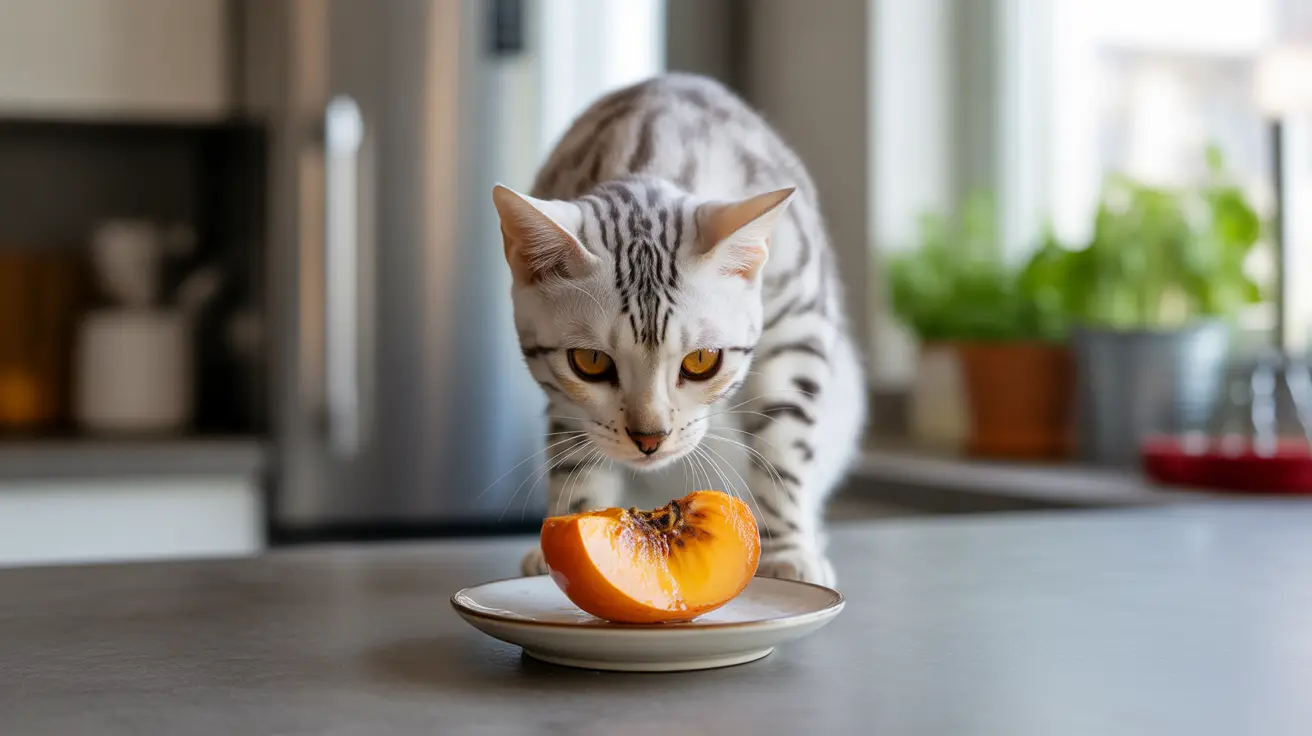 A Bengal cat curiously examining a halved orange on a small plate in a kitchen setting