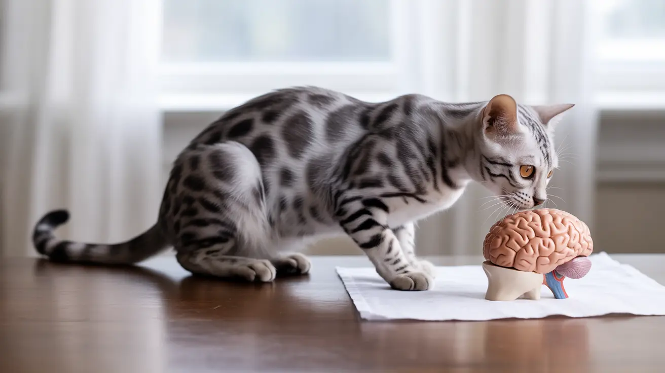 A silver and black spotted Bengal cat curiously examining a detailed brain model on a white surface