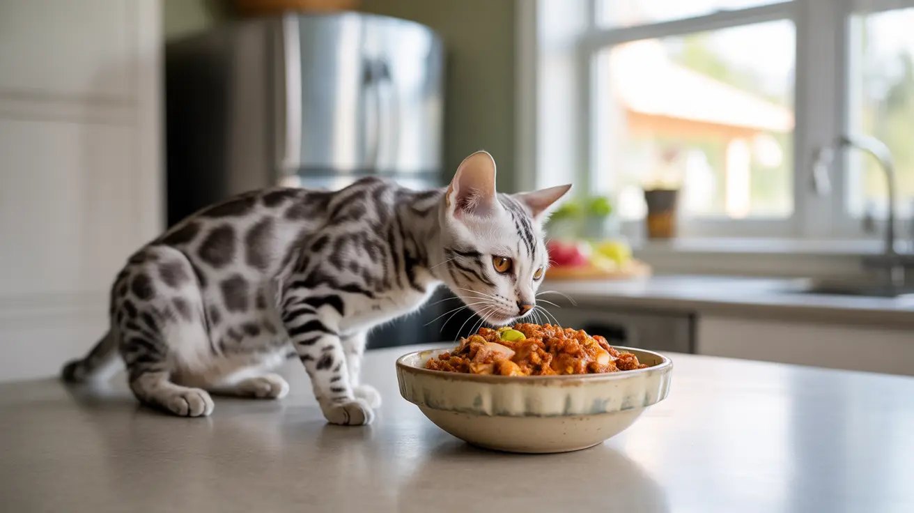 Un chat Bengal argenté et noir tacheté examinant un bol de nourriture humide pour chat sur un comptoir de cuisine