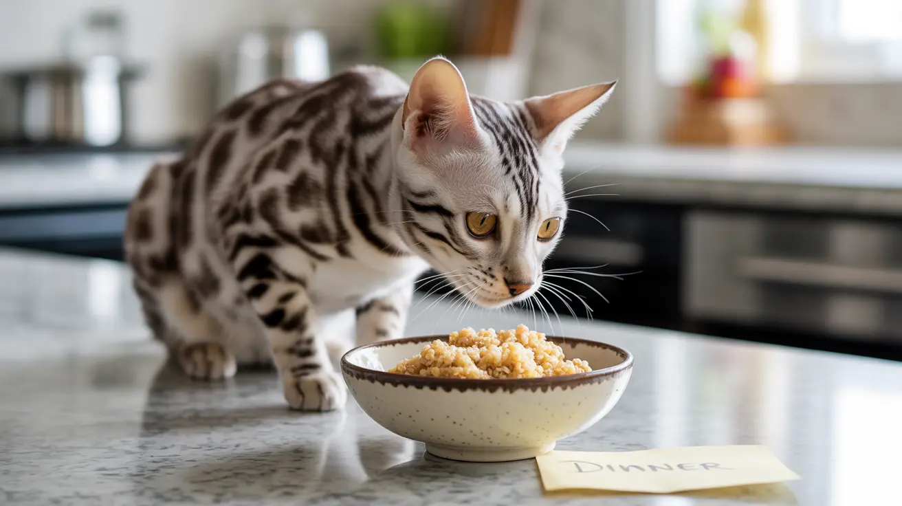 A Bengal cat intently examining a bowl of food on a kitchen counter