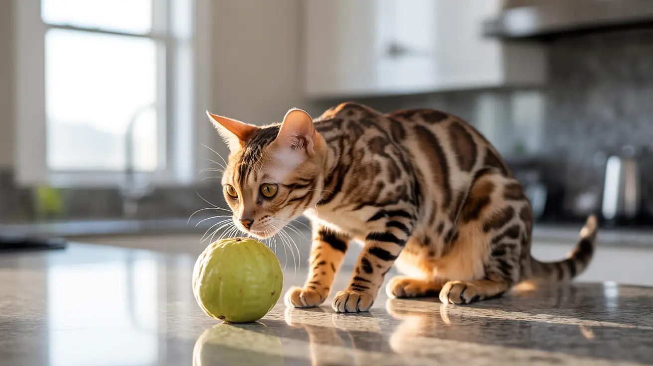 A Bengal cat examining a green ball on a reflective kitchen surface