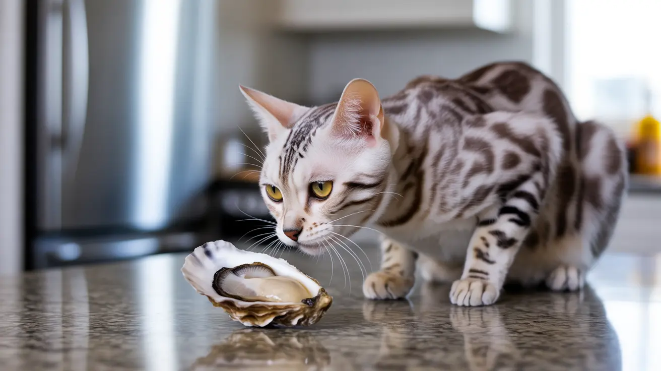 Un gato de Bengala observa de cerca una concha de ostra abierta sobre una encimera de granito.