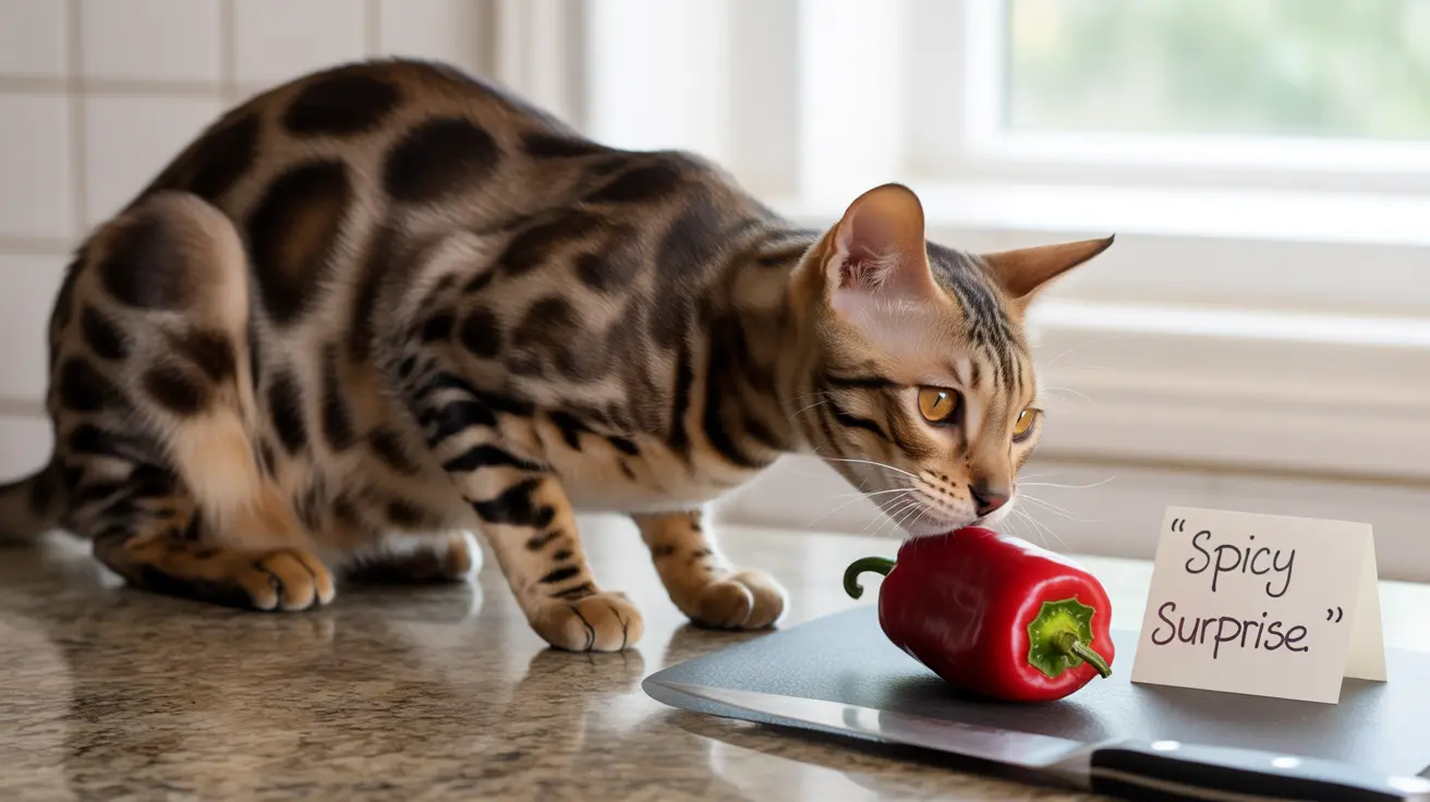 A Bengal cat curiously examining a red bell pepper with a note 'Spicy Surprise'