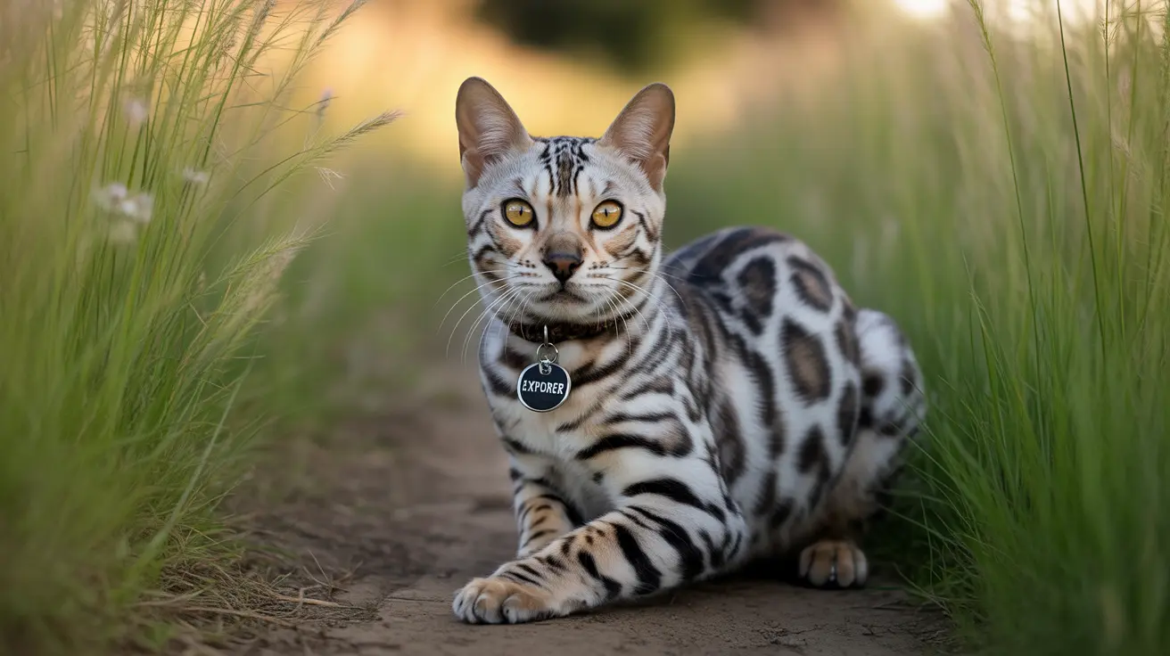 A striking Bengal cat sitting on a dirt path surrounded by tall grass, wearing a collar with an 'Explorer' tag