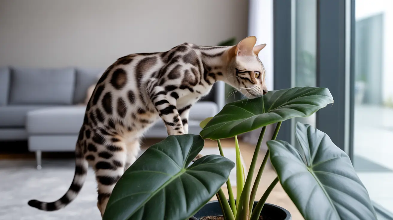 A Bengal cat exploring a houseplant near a window in a modern interior setting