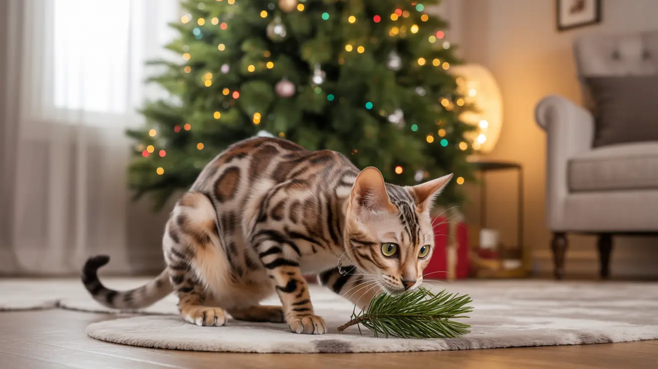 A Bengal cat exploring a pine branch in front of a festively decorated Christmas tree