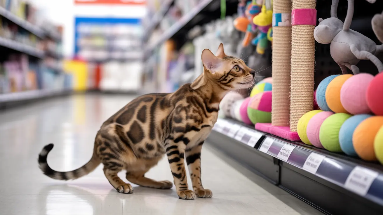 A Bengal cat exploring a pet store aisle with colorful toys and cat scratching posts nearby
