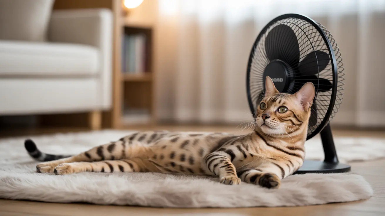 Un gato Bengal descansando cómodamente frente a un ventilador sobre una alfombra de color claro