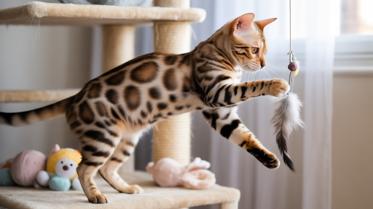 Bengal cat playing with feather toy on multi-level indoor cat tree