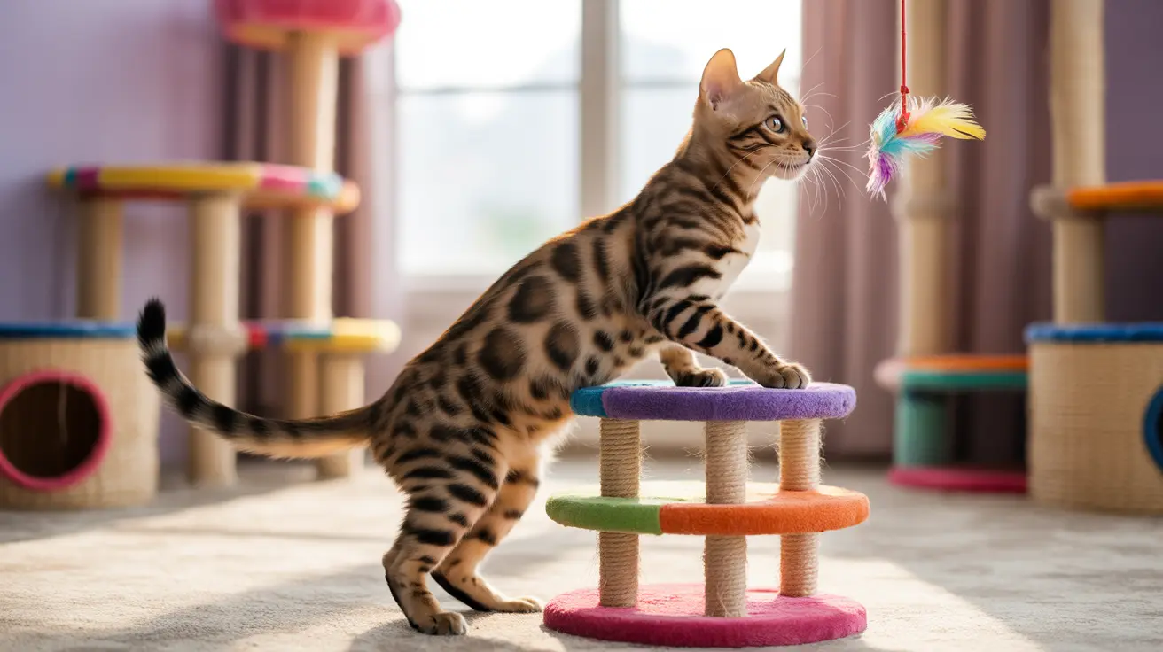 Bengal cat playing with feather toy on colorful cat tree indoors