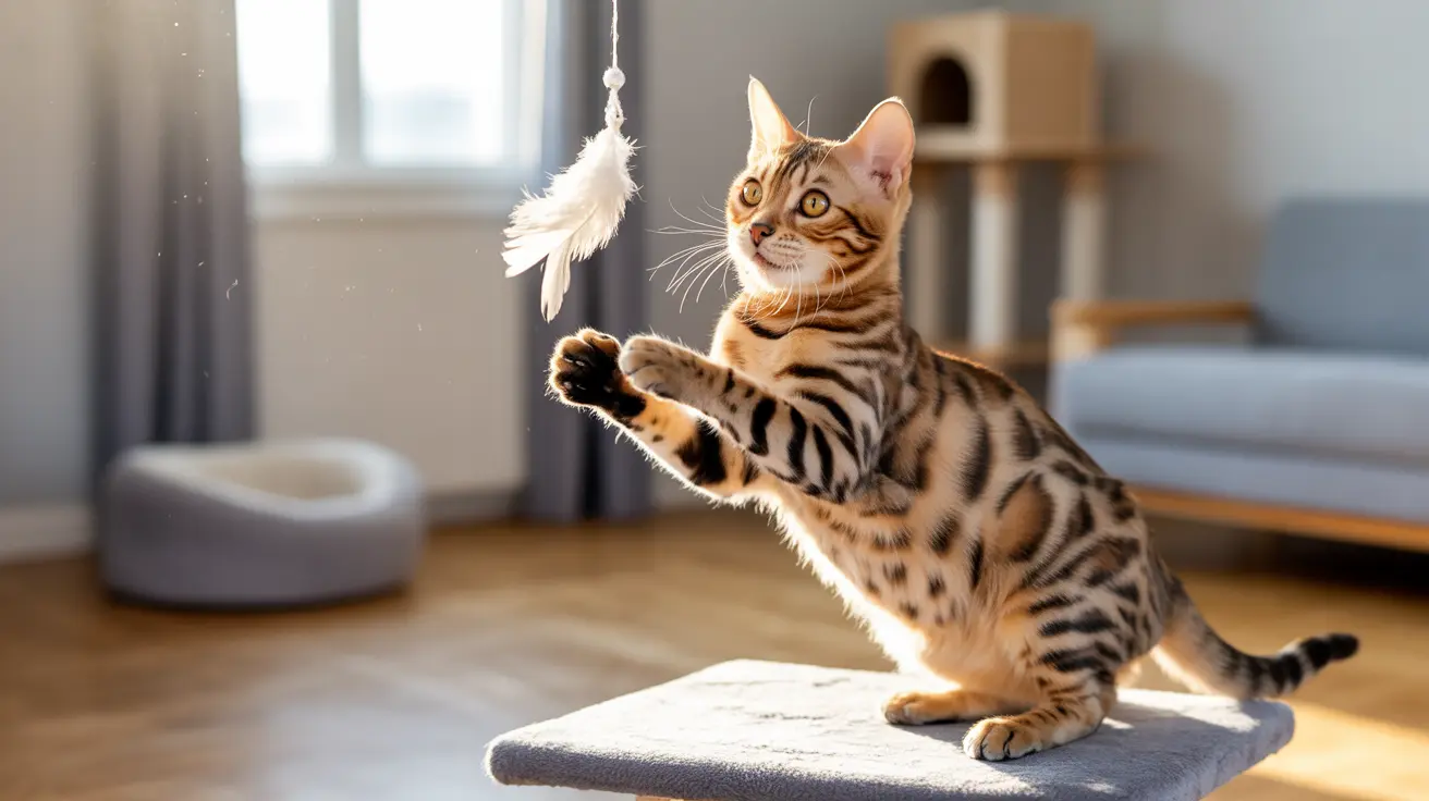 A Bengal cat leaping and playing with a feather toy with one paw raised