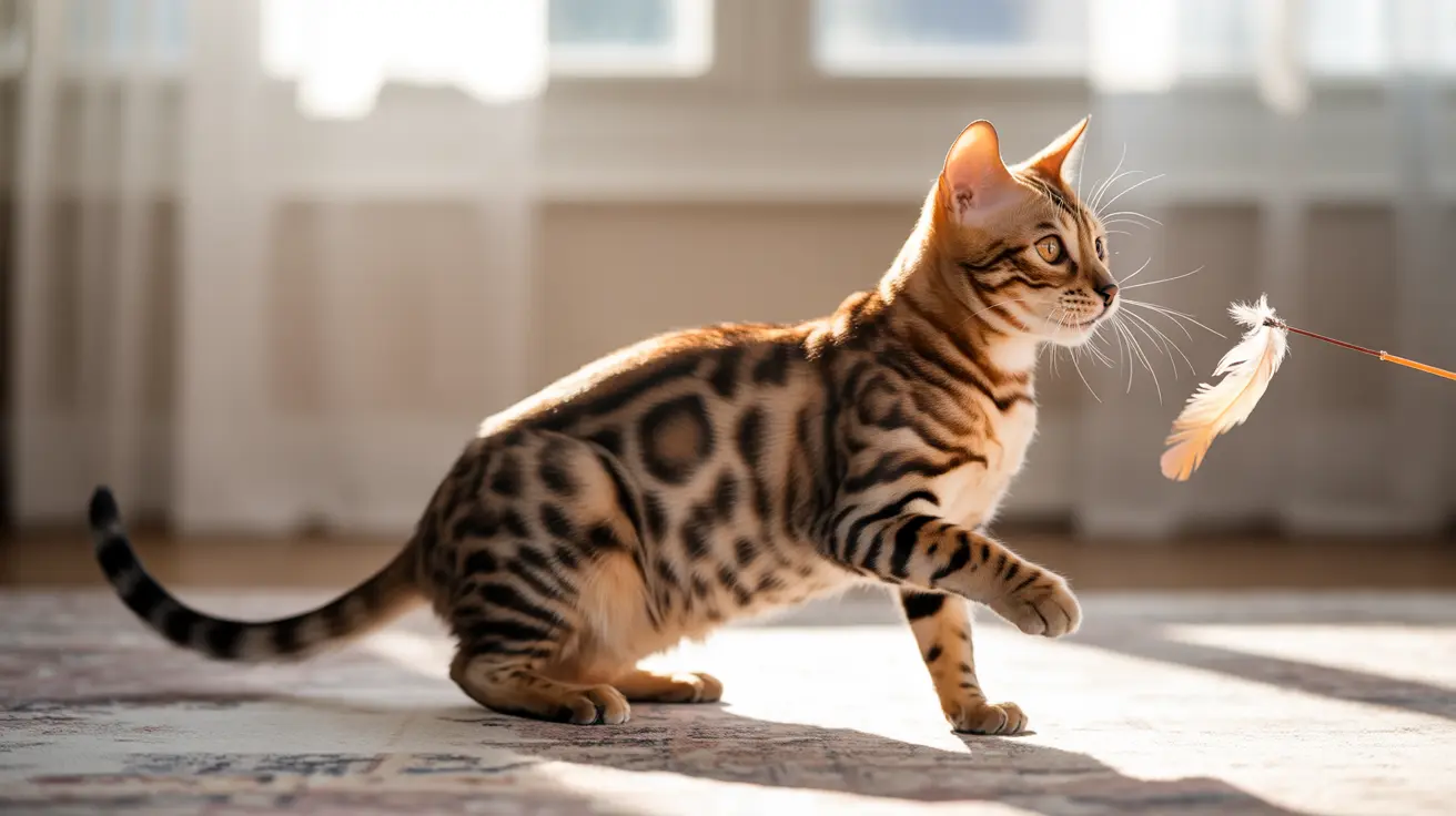 明るく日差しの差し込む屋内で羽のおもちゃで遊んでいるベンガル猫