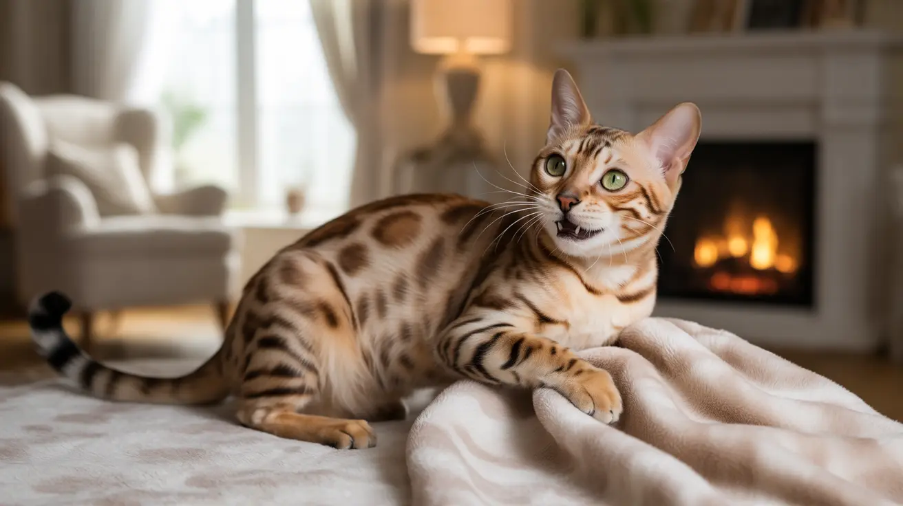 A Bengal cat with striking leopard-like spots relaxing on a soft blanket near a warm fireplace.
