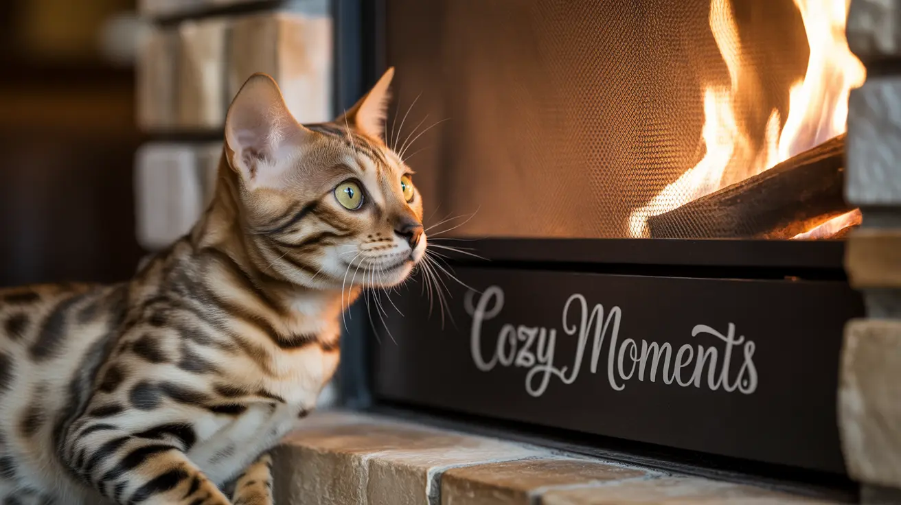 A Bengal cat sitting near a warm fireplace, looking contemplative and relaxed