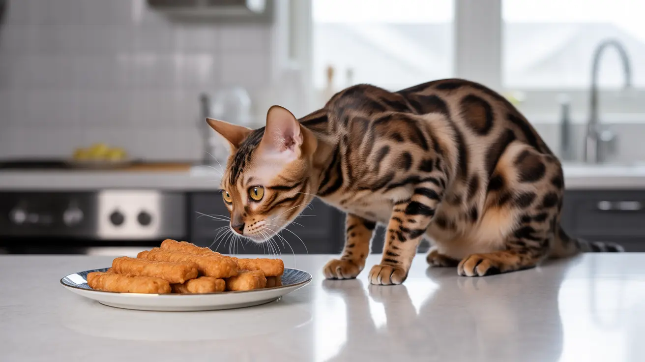 A Bengal cat intently staring at a plate of golden-brown food items on a kitchen counter
