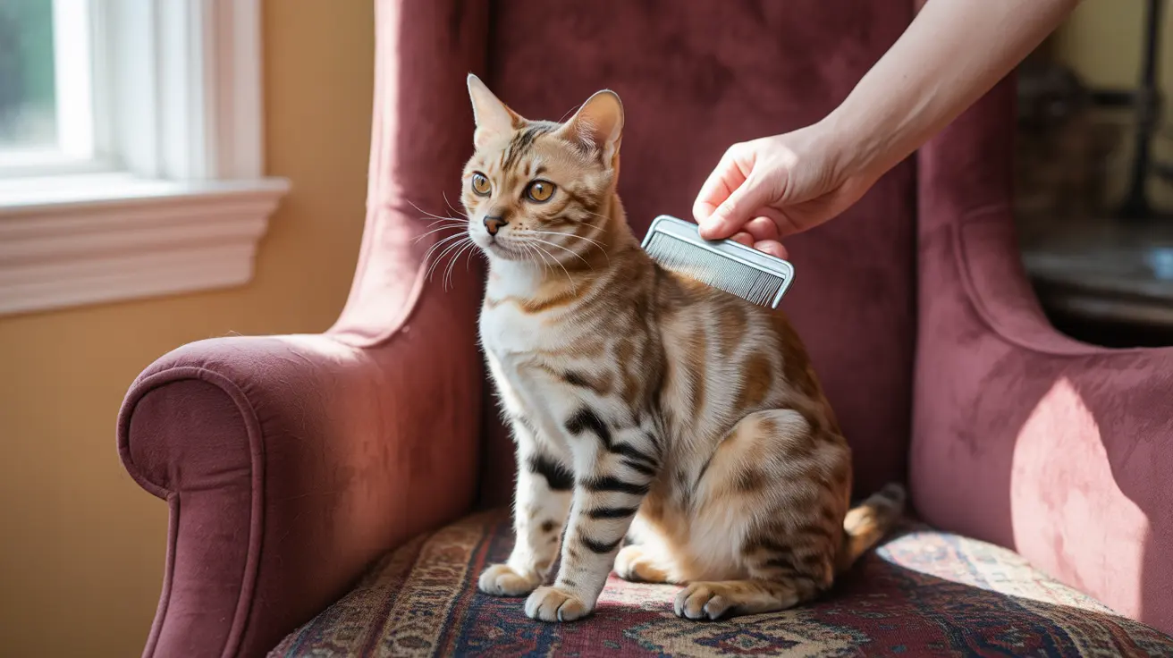 A Bengal cat being groomed with a brush on a burgundy armchair