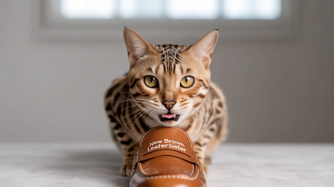 A Bengal cat with a playful expression and partially open mouth sitting next to a brown leather shoe.