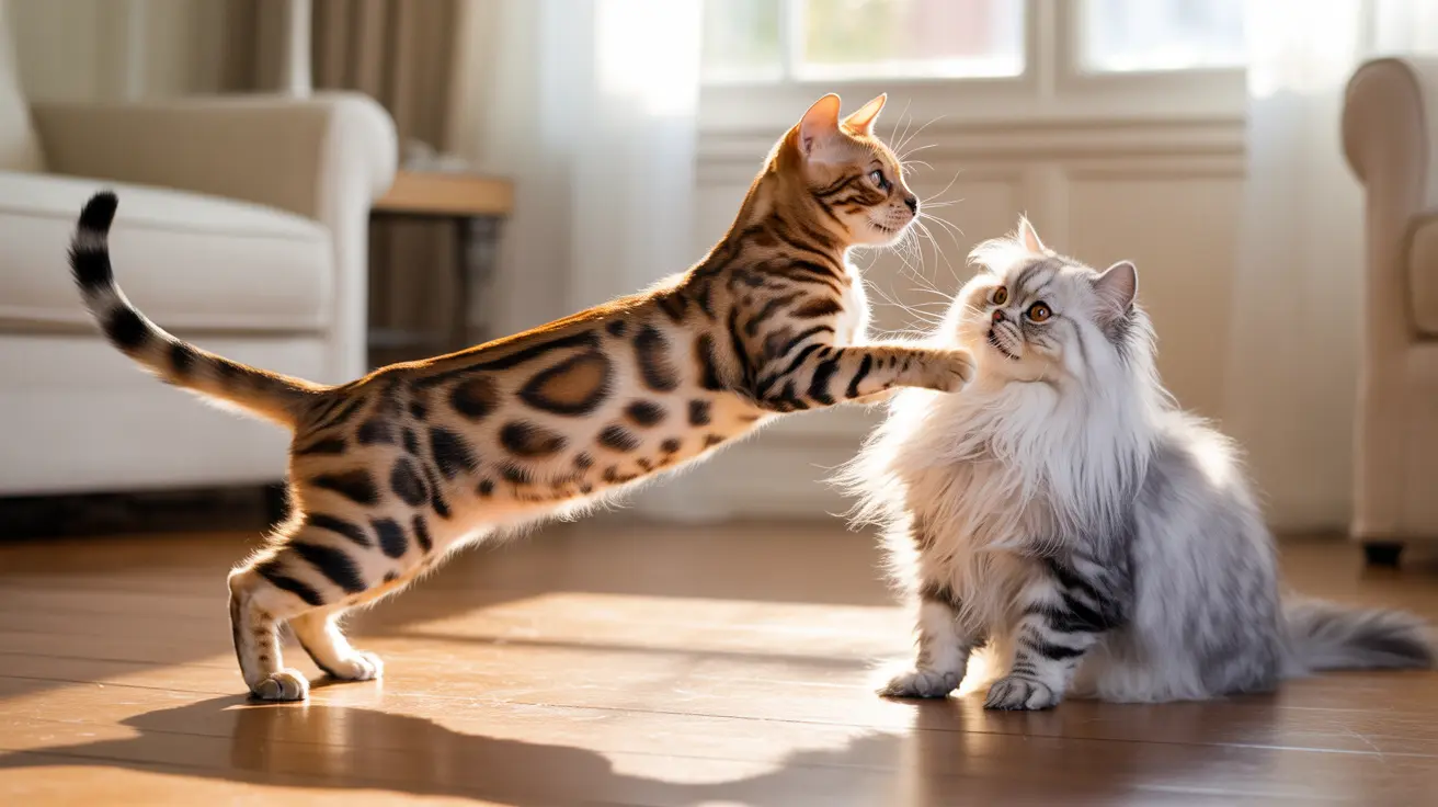 A Bengal cat playfully reaching out to a fluffy white long-haired cat in a sunlit living room
