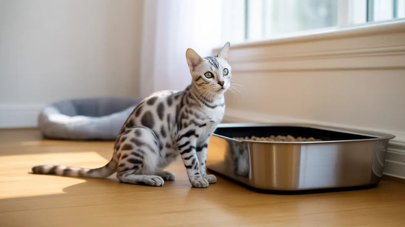 A silver and black spotted Bengal cat sitting alertly near its food bowl and cat bed