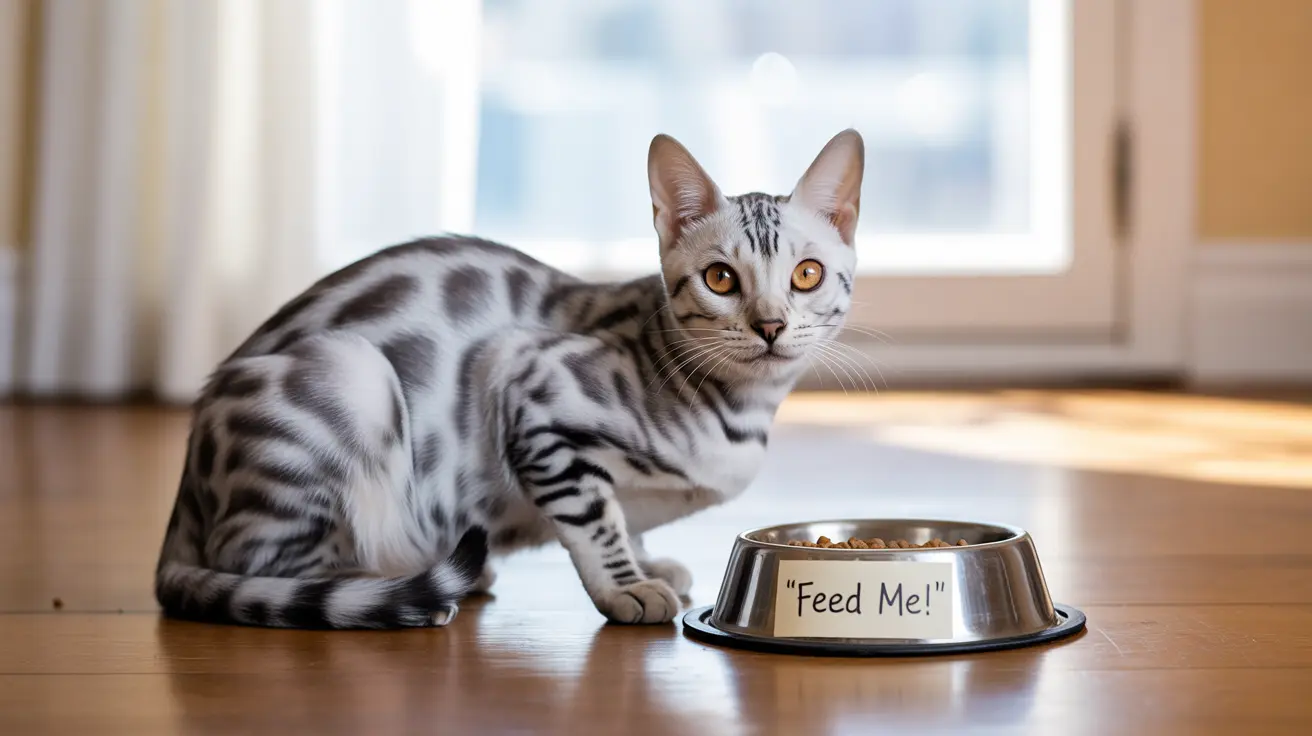 A silver and black Bengal cat sitting near its food bowl with a 'Feed Me!' message