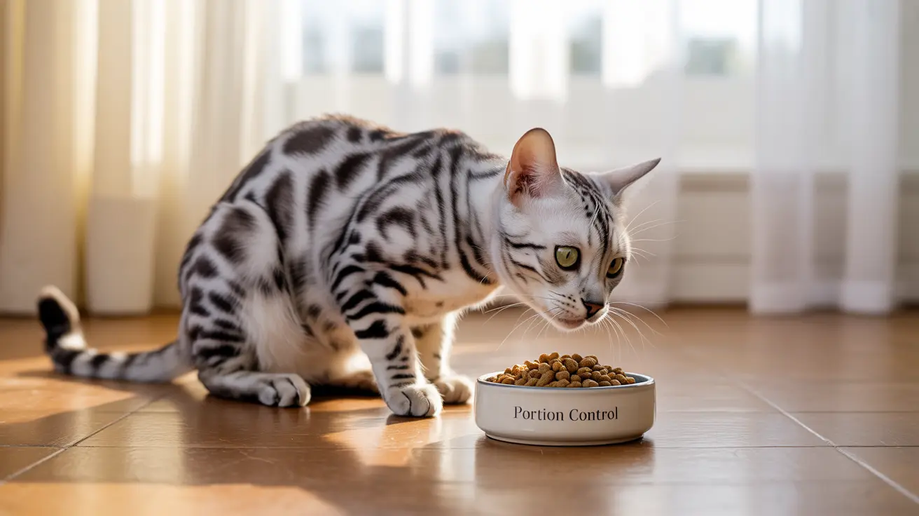A silver and black Bengal cat examining its food in a portion control bowl