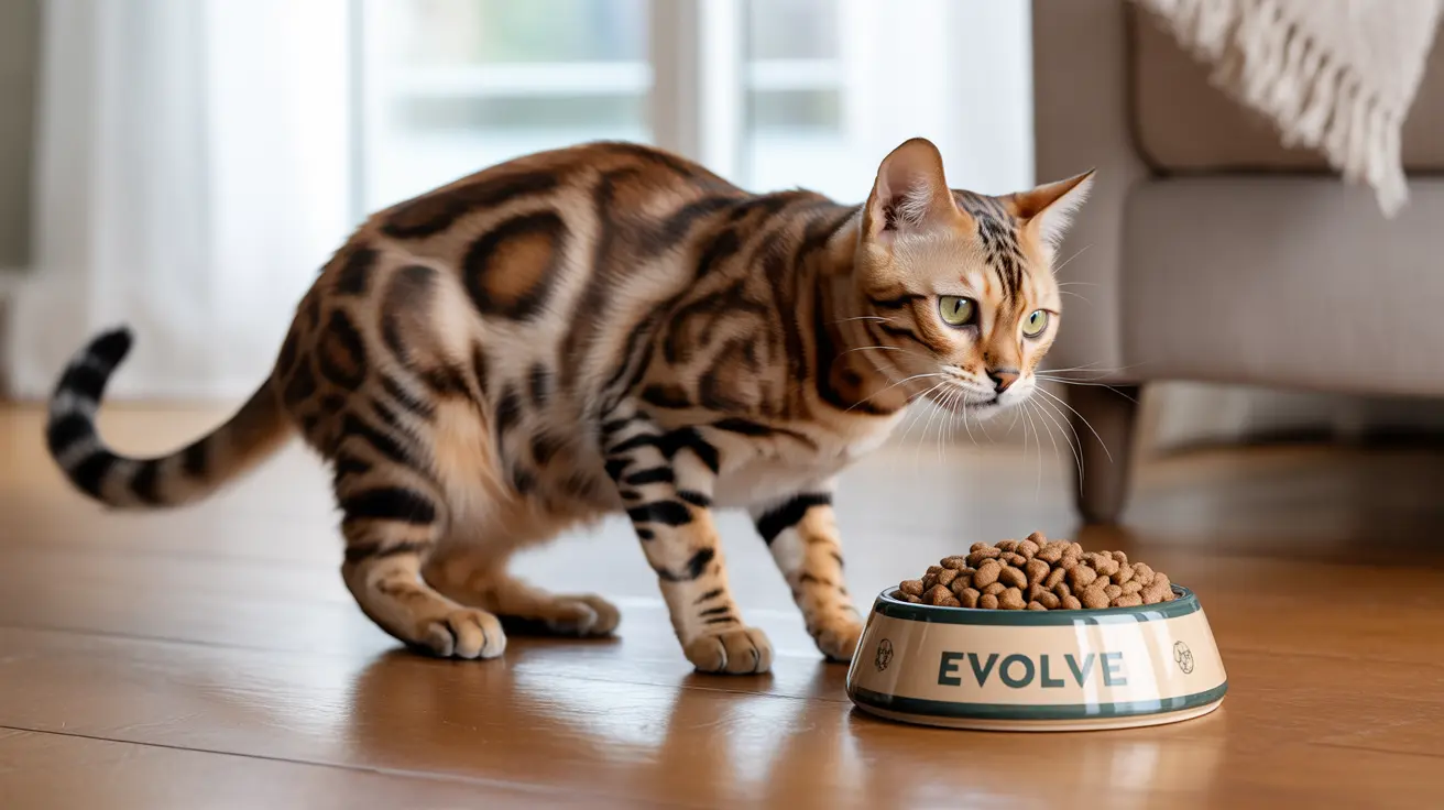 A Bengal cat standing near a full food bowl inside a home interior