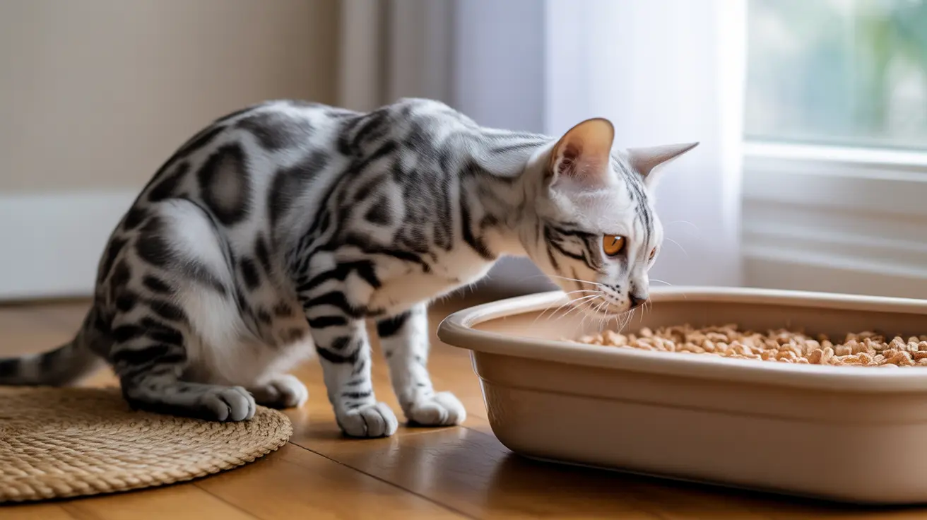 銀色と黒色のベンガル猫が茶色の餌皿の中の食べ物を調べている様子