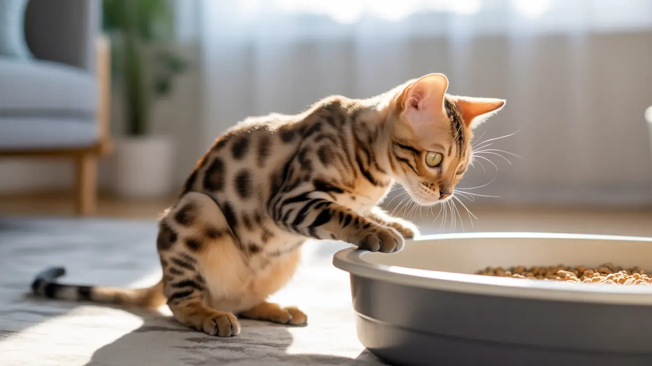 A Bengal cat sitting near its food bowl in a bright, sunlit room